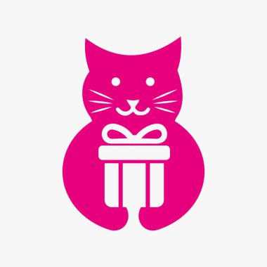 Kedi Hediyesi Logosu Negatif Uzay Konsepti Vektör Şablonu. Kedi Tutma Hediye Kutusu Sembolü