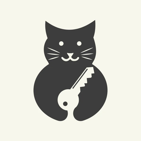 Cat Key Logo Negative Space Concept Vektorvorlage Katze Mit Schlüsselsymbol — Stockvektor