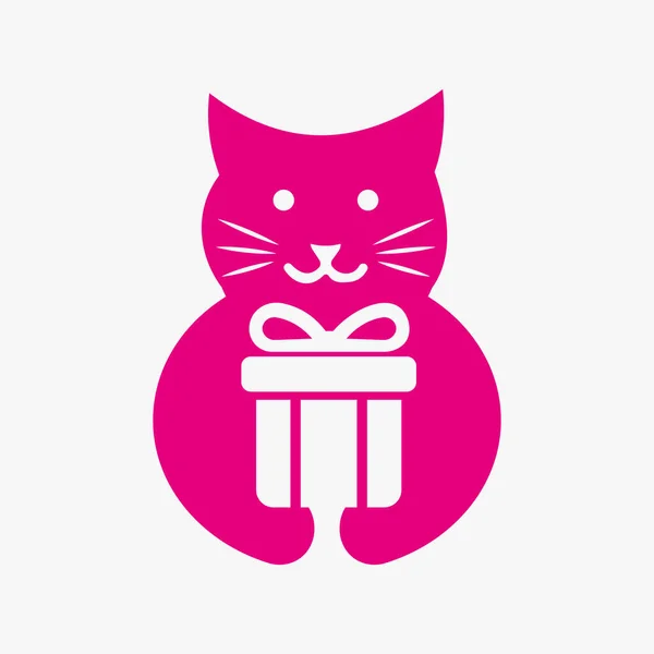 Cat Gift Logo Modelo Vetor Conceito Espaço Negativo Cat Segurando — Vetor de Stock
