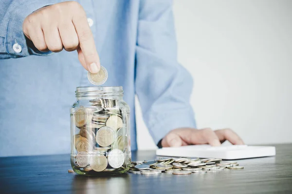 Woman Hand Putting Money Jar Saving Money Wealth Financial Concept —  Fotos de Stock
