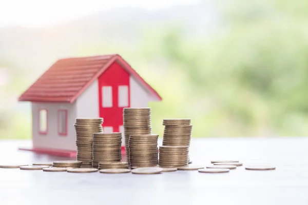 House Model Money Coins Stacks Blur Nature Background Savings Plans — Stock Fotó