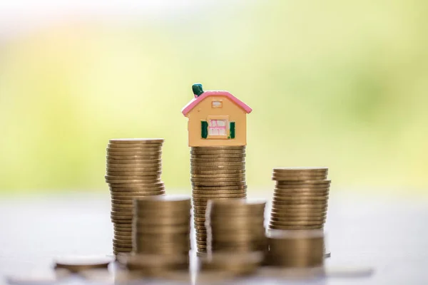 House Model Money Coins Stacks Blur Nature Background Savings Plans — Fotografia de Stock