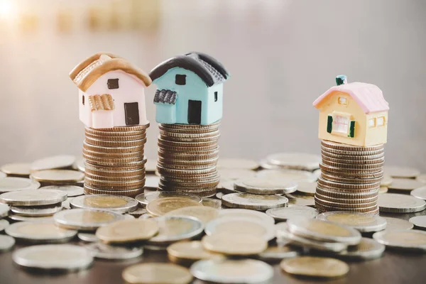 House Model Money Coins Stacks Blur Table Background Savings Plans — Stock Fotó