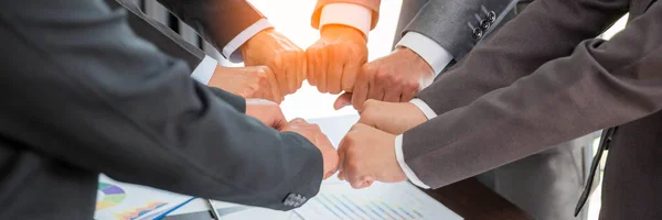 Banner of group hand success business people person working together in office. Diversity of businessman and businesswoman attending corporate meetings. concept of friendship, cooperation corporate.