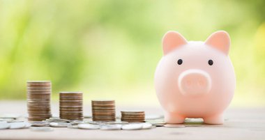 İş yatırımları konsepti için tasarruf. Para, ahşap masanın üzerine yeşil arka planda istiflenmiş. yönetim parası, sigorta varlığı ve zenginlik, vergi muhasebe bütçesi, büyüme kredisi finans, ekonomik.