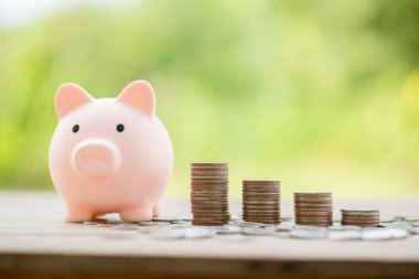 İş yatırımları konsepti için tasarruf. Para, ahşap masanın üzerine yeşil arka planda istiflenmiş. yönetim parası, sigorta varlığı ve zenginlik, vergi muhasebe bütçesi, büyüme kredisi finans, ekonomik.