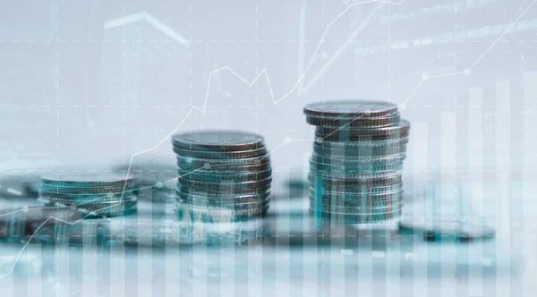 Banking finance investment concept. Double exposure image of growth business with city background. Currency growth market statistics with global foreign. Exchange payments banking global investments.