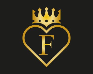 Sevgiyle F harfi logosu ve Crown şekil altın renk vektörü şablonu