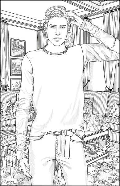A portrait of an imaginary handsome man posing in the vintage country-style living room with a kitten in the background breaking a cup, cartoon line art comic.
