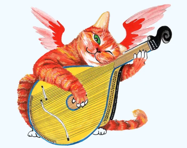 A gouache painting of an angel red tabby cat with red wings playing yellow-and-blue bandura, a traditional Ukrainian instrument Isolated on white background.