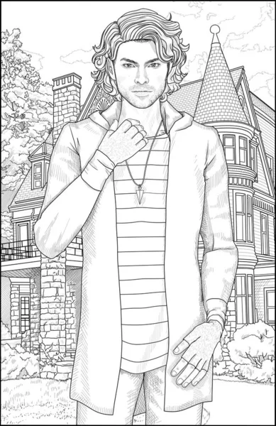A handsome man in casual warm clothes stands in front of a victorian looking house in the suburbs. Relaxing coloring page for teens and adults. Line drawing on white background.