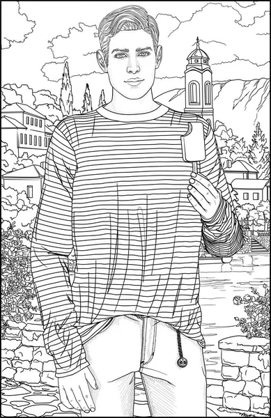 A man in casual clothes with ice cream in hand poses against the idyllic Italian summer landscape. Relaxing coloring page for teens and adults. Line drawing on white background.