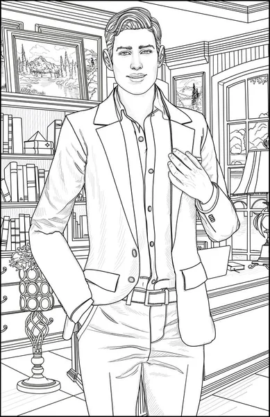 A man in a suit stands in the country-style vintage study with a view of the English landscape. Lineart coloring page for adults