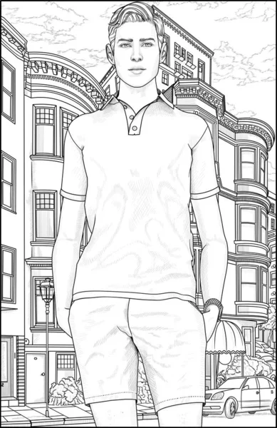 A handsome man in casual clothes stands in the picturesque street of San Francisco with his hands in his shorts' pockets. Relaxing coloring page for teens and adults. Line drawing on white background