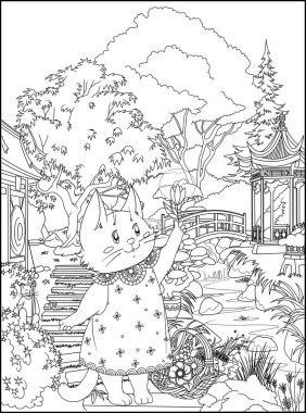 A cute cartoon kitten found a Magic Flower in the garden. Line drawing, children coloring page.