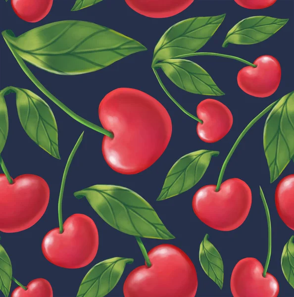 seamless pattern with ripe red cherries and green leaves. 
