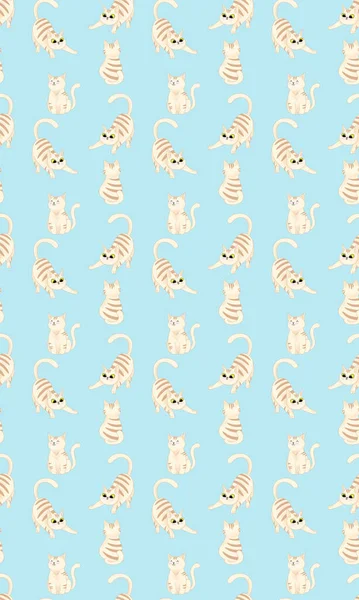 Seamless Pattern Cute Playful Cartoon Tabby Cats Light Blue Background — Zdjęcie stockowe