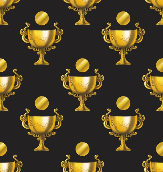 Seamless pattern of a golden cup with a coin hovering over it on the black background. Decorative element for scrapbooking and gift wrapping.