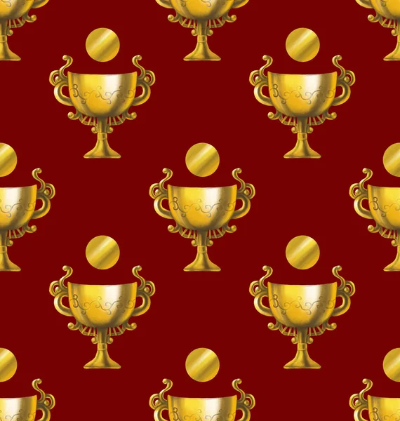 Seamless pattern of a golden cup with a coin hovering over it on the cherry-red background. Decorative element for scrapbooking and gift wrapping.