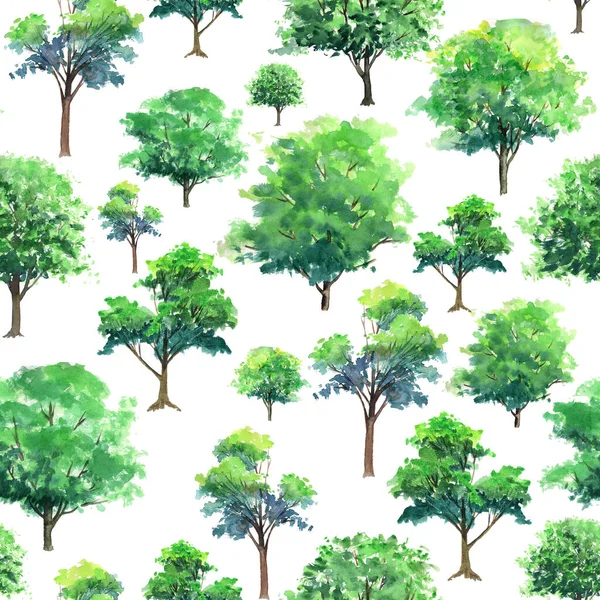 Seamless pattern of watercolor hand-painted trees on a white background. Decorative gift wrapping paper, template, and scrapbooking element.