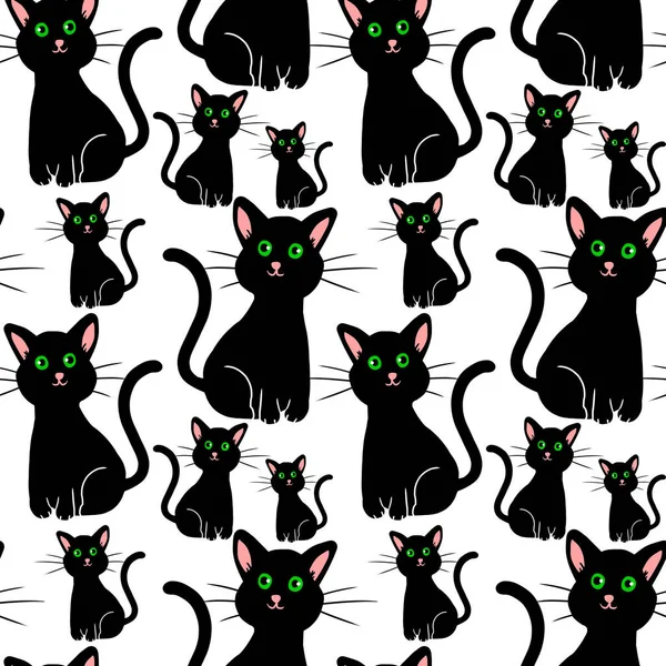 Seamless pattern of funny black cats with green eyes isolated on white background. Decorative wallpaper element and gift wrapping paper.