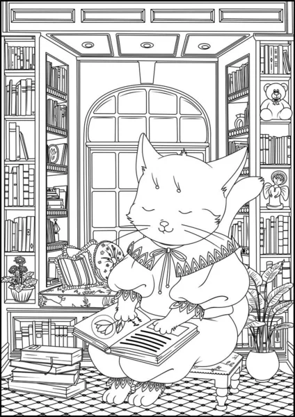 Cute Cartoon Kitten Read Magic Flowers Library Full Books Toys Royaltyfria Stockbilder