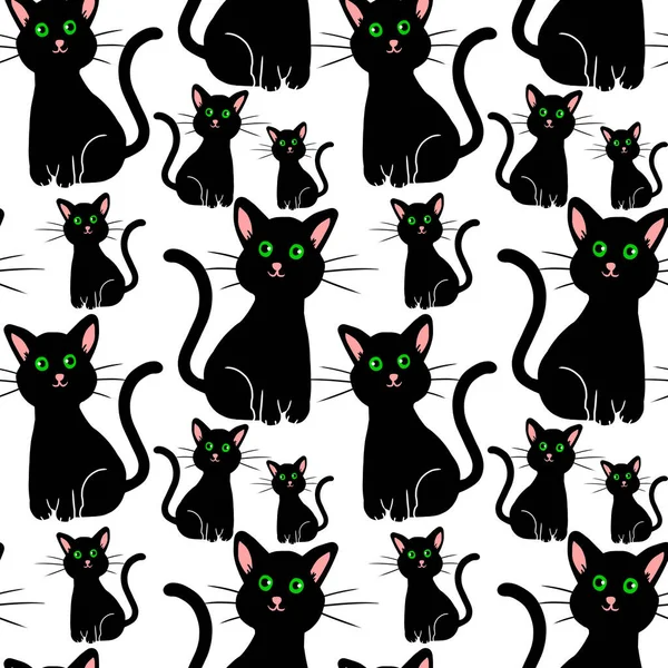 Seamless Pattern Funny Black Cats Green Eyes Isolated White Background Fotos de stock libres de derechos