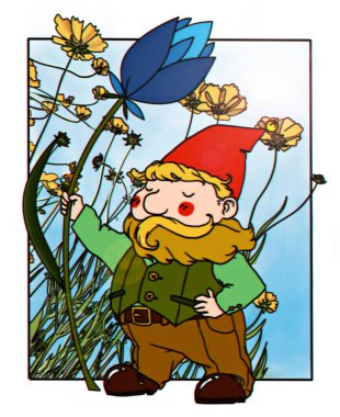 Heroic garden gnome with a flower against a flower background