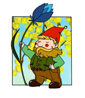 Heroic garden gnome with a flower against a flower background