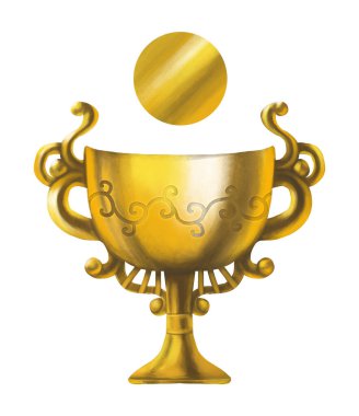 Golden classic cup with a coin hovering above it isolated on white background.