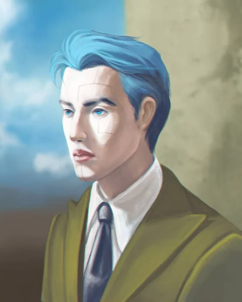 A portrait of a blue-haired imaginary young man in an olive green business suit standing against a wall. Digital art.