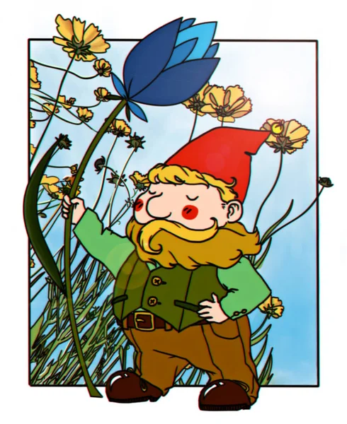 Heroic garden gnome with a flower against a flower background