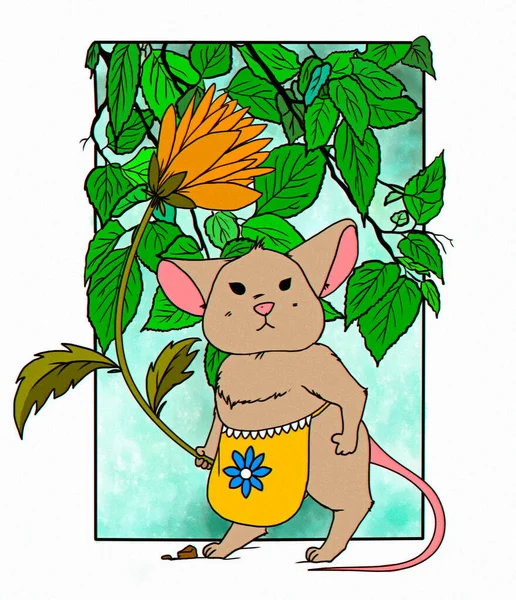 Determined Little Mouse Flower Hand Yellow Apron Standing Hero Pose — Stockfoto
