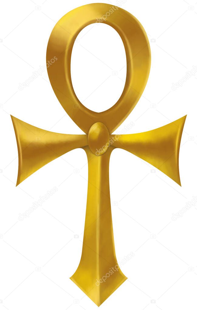 Golden ankh on white background. Digital illustration of an Egyptian cross.