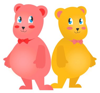 Cute and funny red and yellow teddy bears isolated on a white background. Digital children illustration.