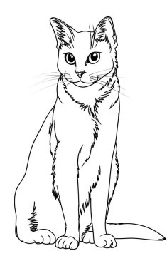 A smiling white fluffy cat drawing, sitting and looking forward, isolated on the white background, digital art.