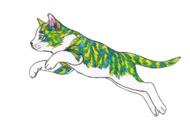 A curious blue-and-yellow tabby cat is hopping up on a white background. Pencil hand drawing