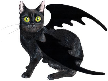 Watercolor hand drawing. Black curious cat with bat wings on a white background. Mystic creature of the Halloween night.