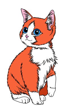 Ginger cute little kitten with big blue eyes. Digital illustration.