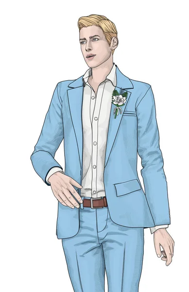 Looking fabulous at a cocktail party. A handsome blonde man in a light blue suit with a white flower pinned to his collar. Digital art.