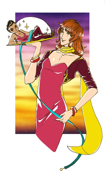 Digital illustration. A transgender lady in a pink dress is holding a fairy man on the plate against a gradient night sky background