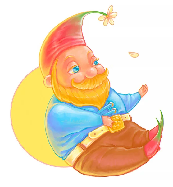 A smiling blonde gnome in a red hat and boots is floating in front of a moon watching a flower petal falling from the flower on his hat. Digital children illustration.