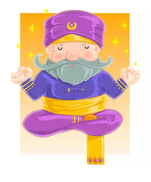 A yogi gnome in sultan's clothes in a lotus pose is levitating in deep meditation against a starry orange background. Digital children illustration.