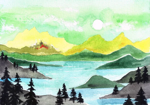 Watercolor painting of a lake scenery. Trees' silhouettes in front and distant yellow hills in the background. Traditional artwork.
