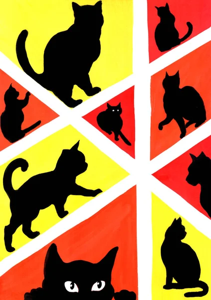 Colorful seamless cat pattern. Gouache hand painting