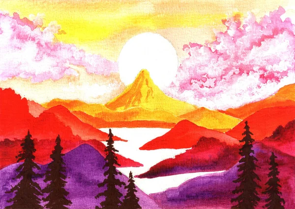 Watercolor Painting Landscape Scenery Distant Hills Red Colors Traditional Artwork — Stok fotoğraf