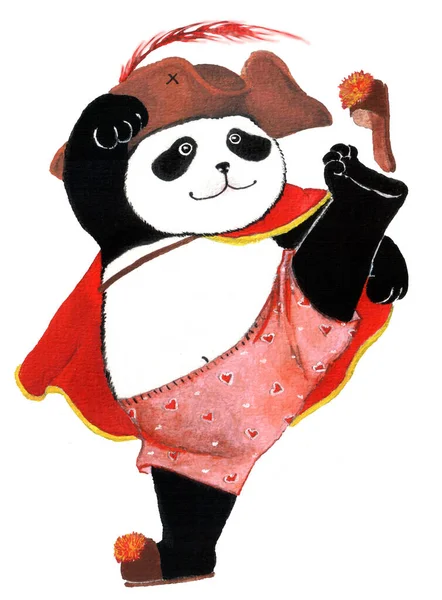 A funny pirate panda in pink panties is kung fu kicking off his slipper, isolated on a white background. Gouache hand-drawn artwork.