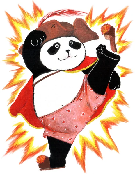 A funny pirate panda in pink panties is kung fu kicking off his slipper, isolated on a white background. Gouache hand drawing, artwork.