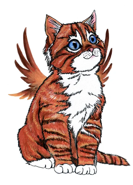 Gouache Hand Painting Cute Cartoon Cat Wings Blue Eyes Sitting — Foto de Stock