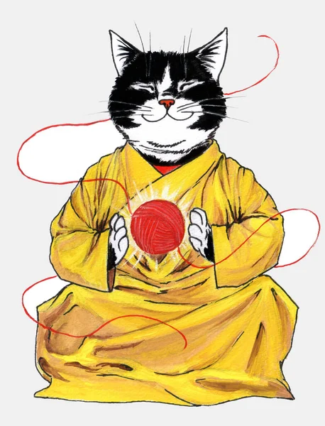 A gouache painting of a cat in a Shaolin monk's robe isolated on a white background sitting in a lotus pose and playing with a red ball of yarn. Traditional artwork.